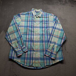 Izod Saltwater Long Sleeve Button Up Plaid Shirt 1 Pckt Blue Green Pink Men Sz M
